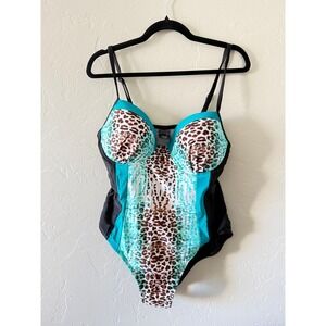Catalina Plus Leopard Turquoise Underwire Balconette One Piece Swimsuit Size 2X